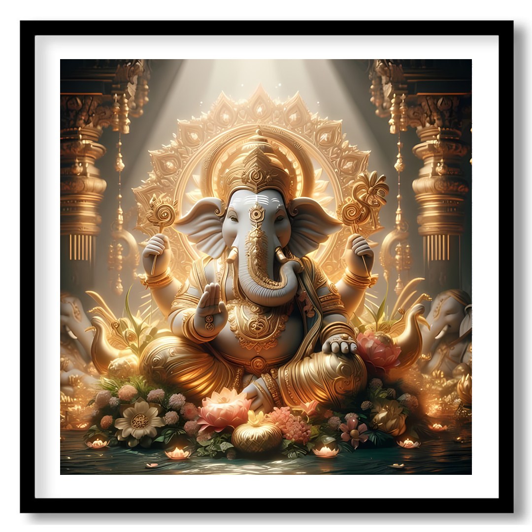 This exquisite artwork captures the divine presence of Lord Ganesha, enveloped in a heavenly golden for haven