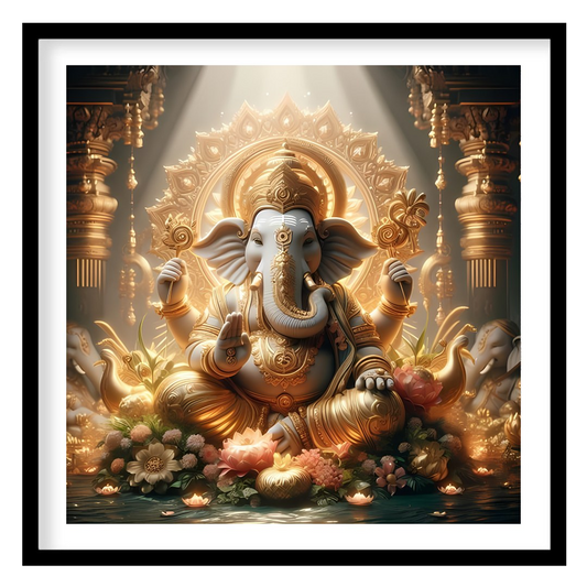This exquisite artwork captures the divine presence of Lord Ganesha, enveloped in a heavenly golden for haven