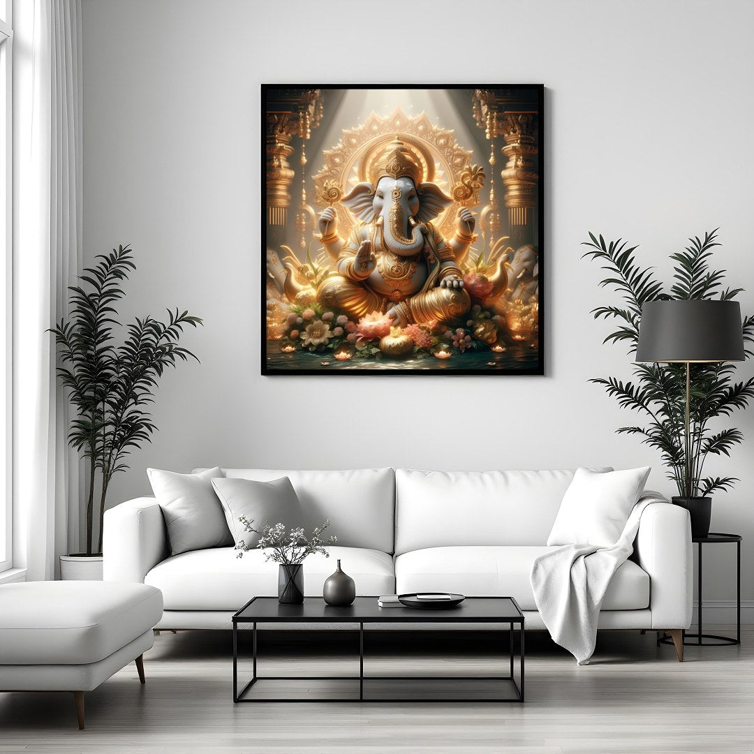 This exquisite artwork captures the divine presence of Lord Ganesha, enveloped in a heavenly golden for Sitting Area