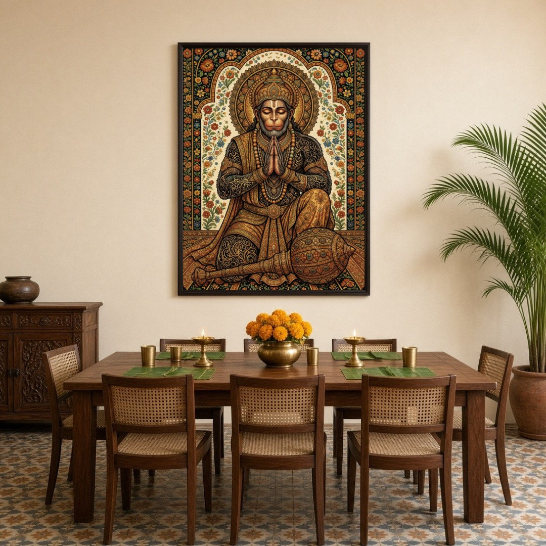 Experience the divine presence of Lord Hanuman in this exquisite Tanjore art print. Meticulously for Dining