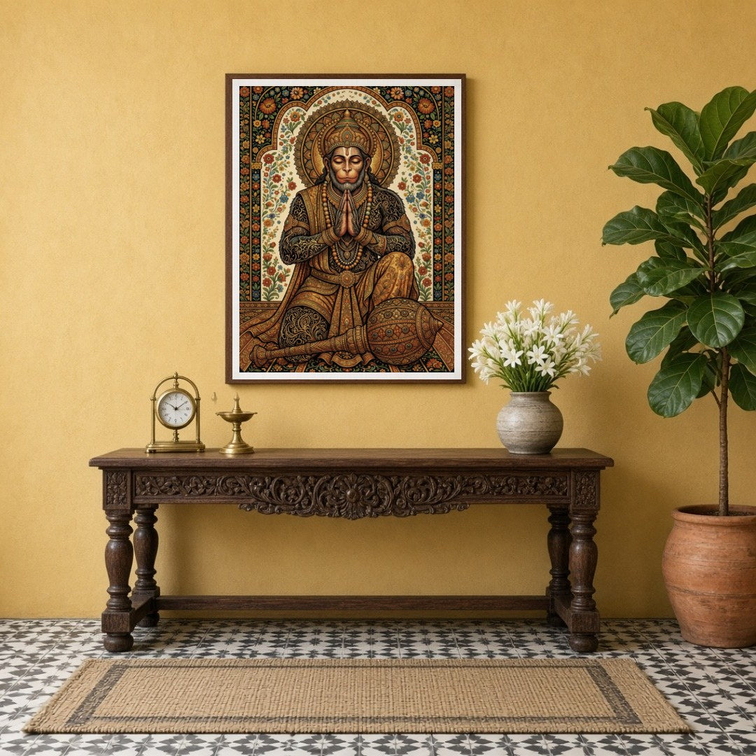 Experience the divine presence of Lord Hanuman in this exquisite Tanjore art print. Meticulously for Entrance