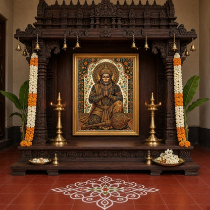 Experience the divine presence of Lord Hanuman in this exquisite Tanjore art print. Meticulously for Home Temple