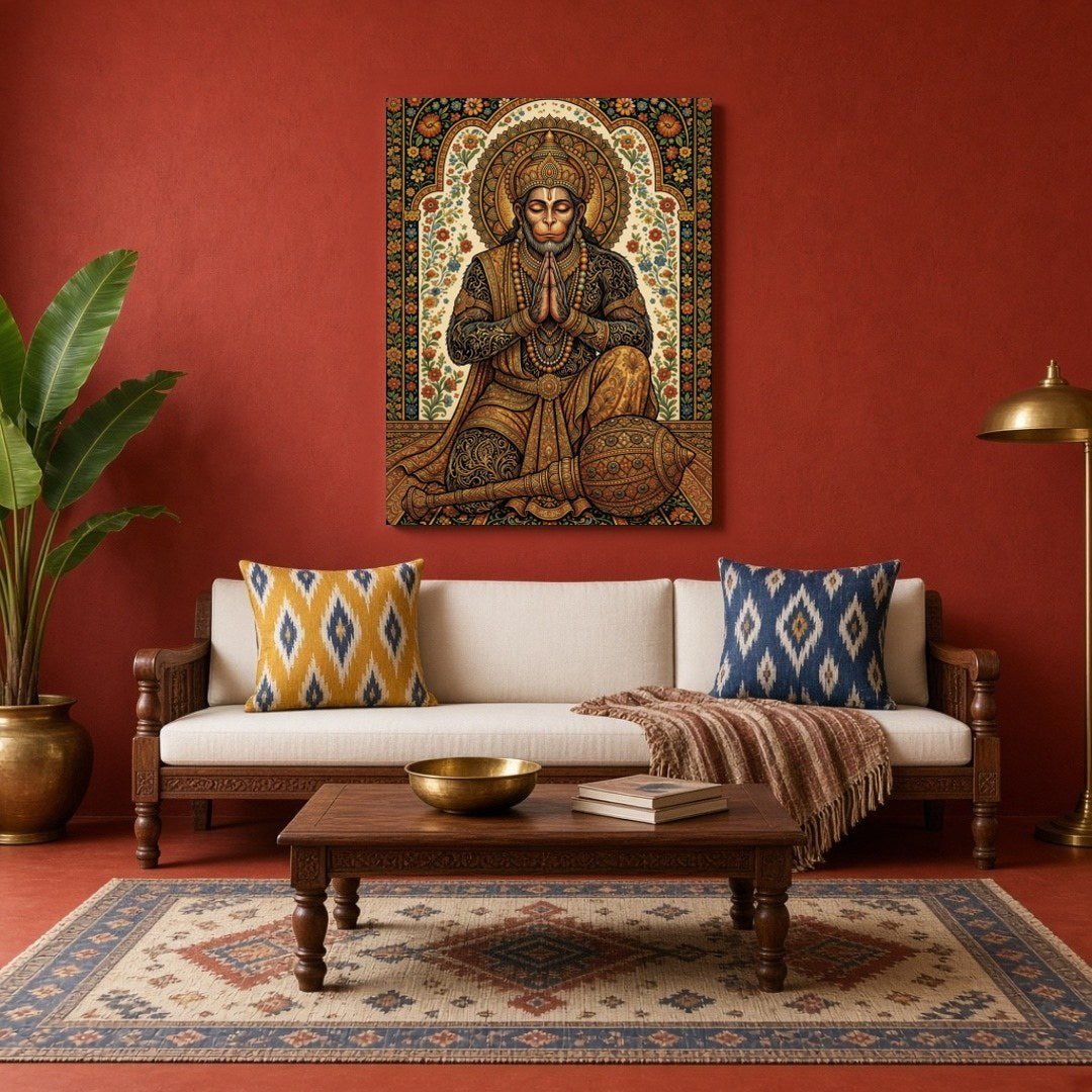 Experience the divine presence of Lord Hanuman in this exquisite Tanjore art print. Meticulously for Living Room