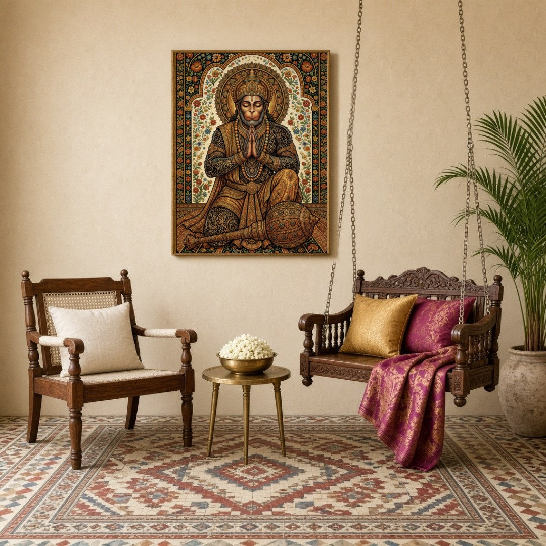 Experience the divine presence of Lord Hanuman in this exquisite Tanjore art print. Meticulously for Sitting Lounge