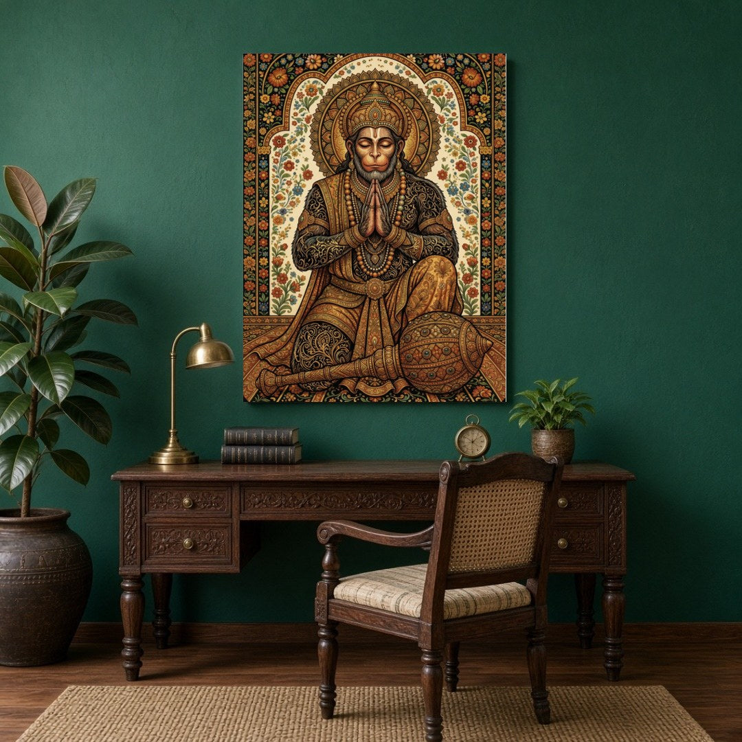 Experience the divine presence of Lord Hanuman in this exquisite Tanjore art print. Meticulously for Study