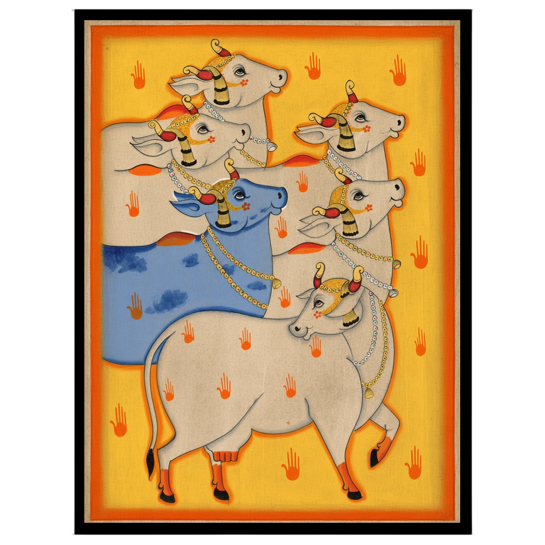 Experience the captivating allure of Indian heritage with 'Radiant Harmony: Blue and White Cows in for area