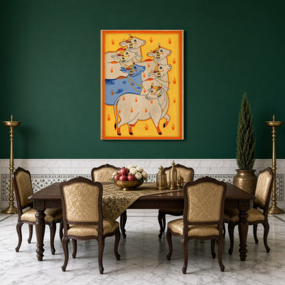 Experience the captivating allure of Indian heritage with 'Radiant Harmony: Blue and White Cows in for Dining