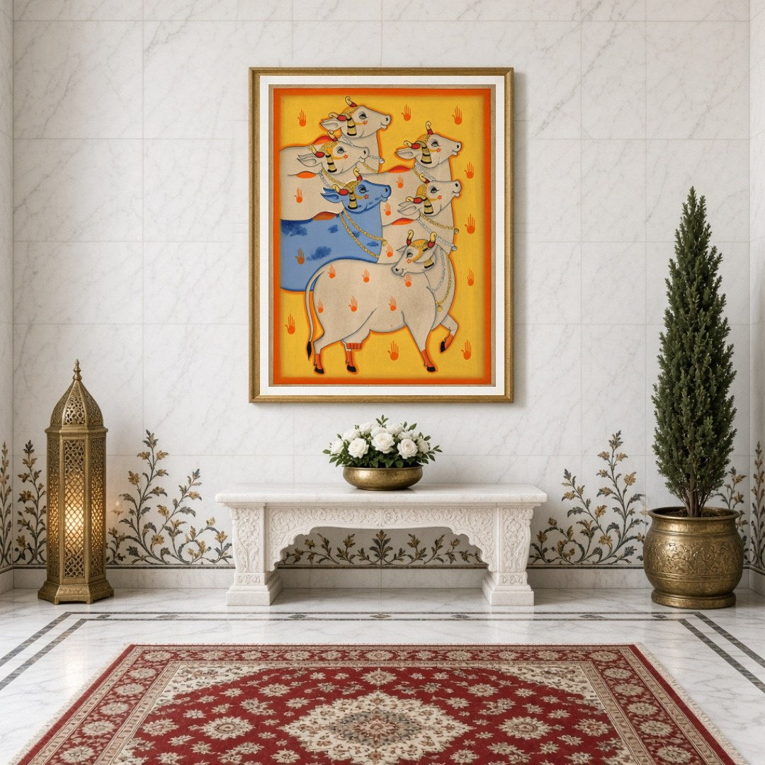 Experience the captivating allure of Indian heritage with 'Radiant Harmony: Blue and White Cows in for Entrance