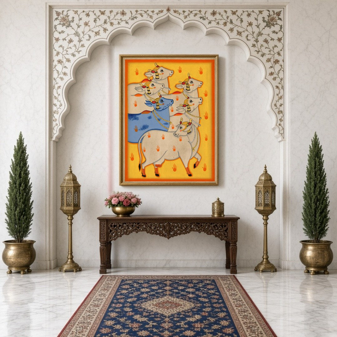 Experience the captivating allure of Indian heritage with 'Radiant Harmony: Blue and White Cows in for Hallway
