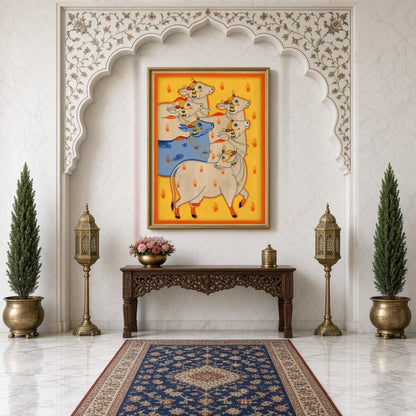 Experience the captivating allure of Indian heritage with 'Radiant Harmony: Blue and White Cows in for Hallway