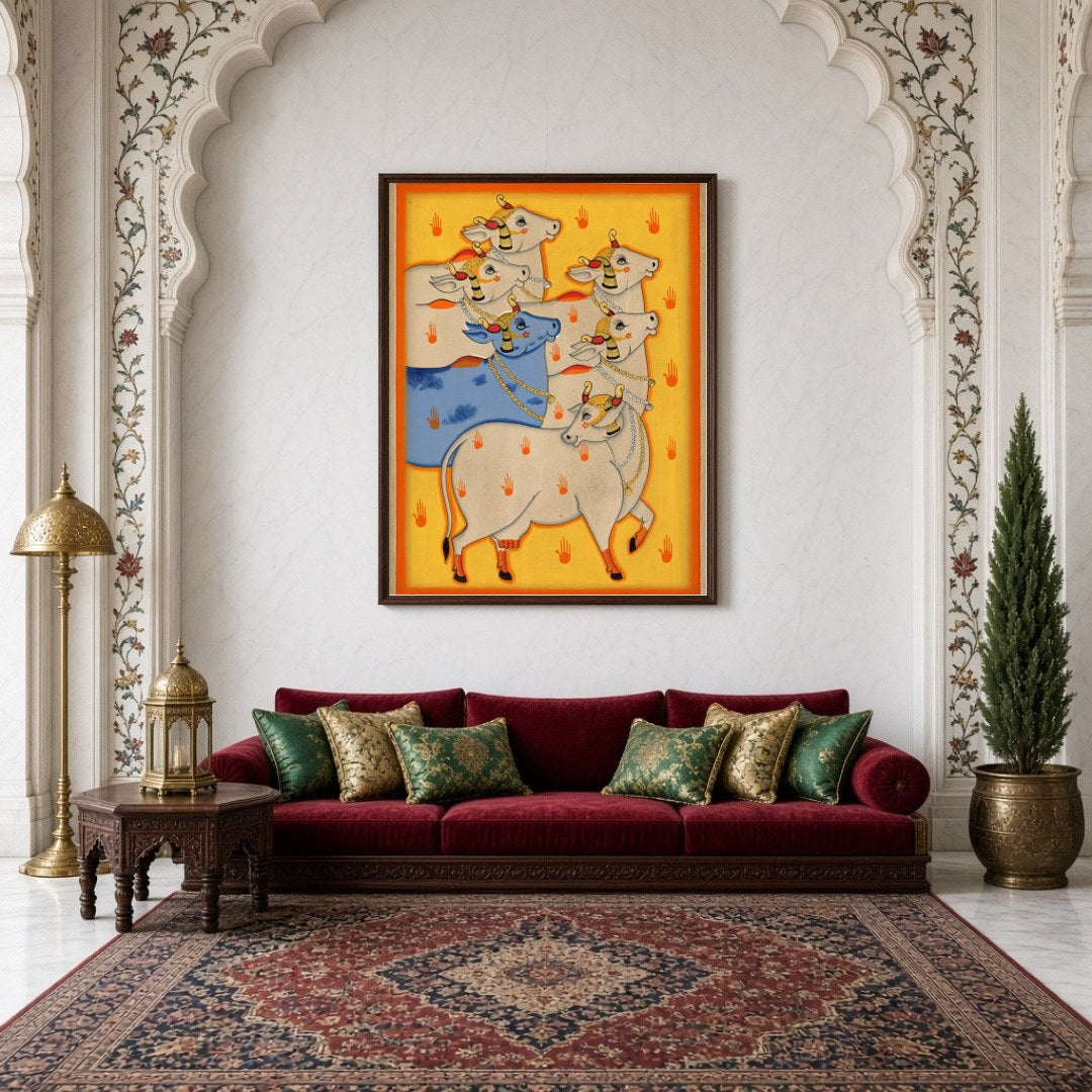 Experience the captivating allure of Indian heritage with 'Radiant Harmony: Blue and White Cows in for Living Room