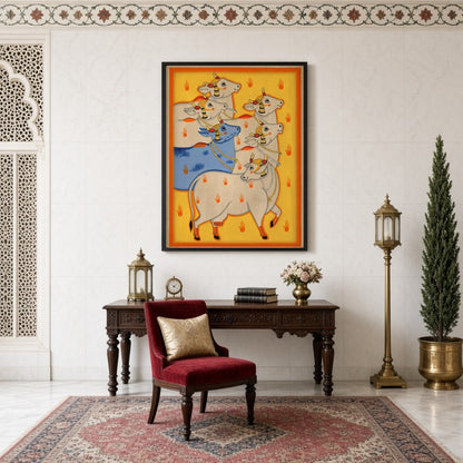 Experience the captivating allure of Indian heritage with 'Radiant Harmony: Blue and White Cows in for Study