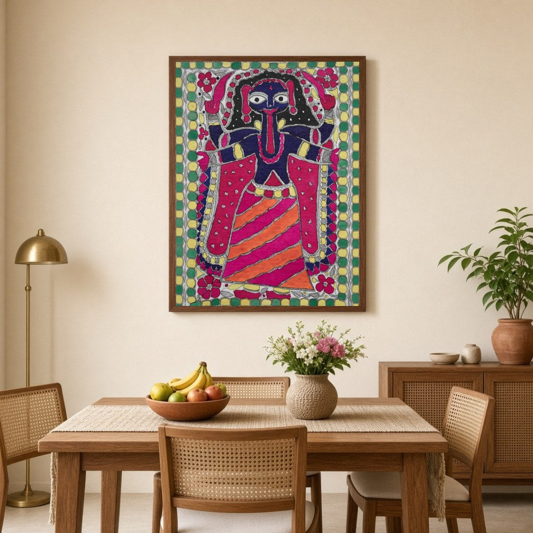 Embrace the powerful and dynamic energy of Goddess Kali in this vibrant Madhubani art piece. This for Dining