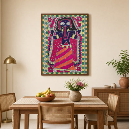 Embrace the powerful and dynamic energy of Goddess Kali in this vibrant Madhubani art piece. This for Dining