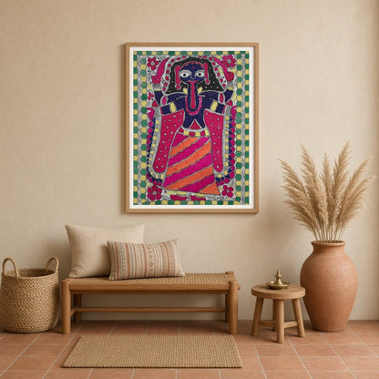 Embrace the powerful and dynamic energy of Goddess Kali in this vibrant Madhubani art piece. This for Entrance