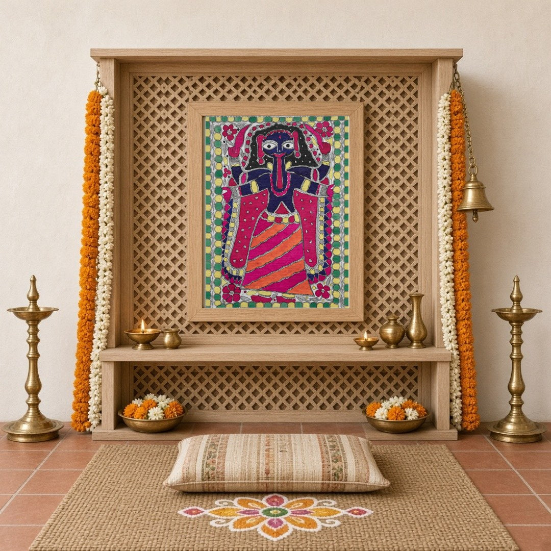 Embrace the powerful and dynamic energy of Goddess Kali in this vibrant Madhubani art piece. This for Home Temple