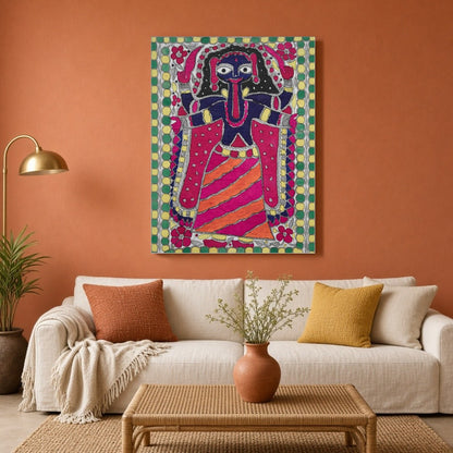 Embrace the powerful and dynamic energy of Goddess Kali in this vibrant Madhubani art piece. This for Living Room