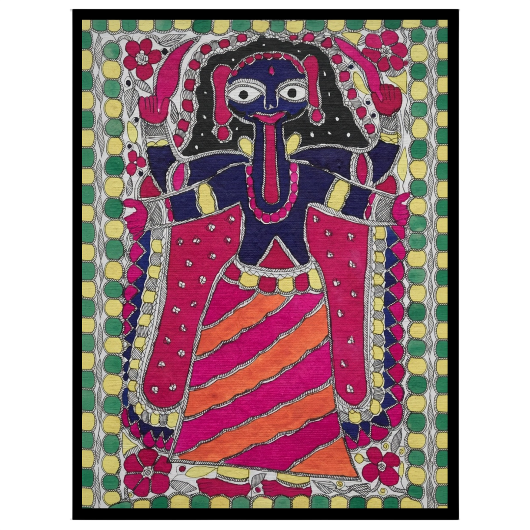 Embrace the powerful and dynamic energy of Goddess Kali in this vibrant Madhubani art piece. This for office