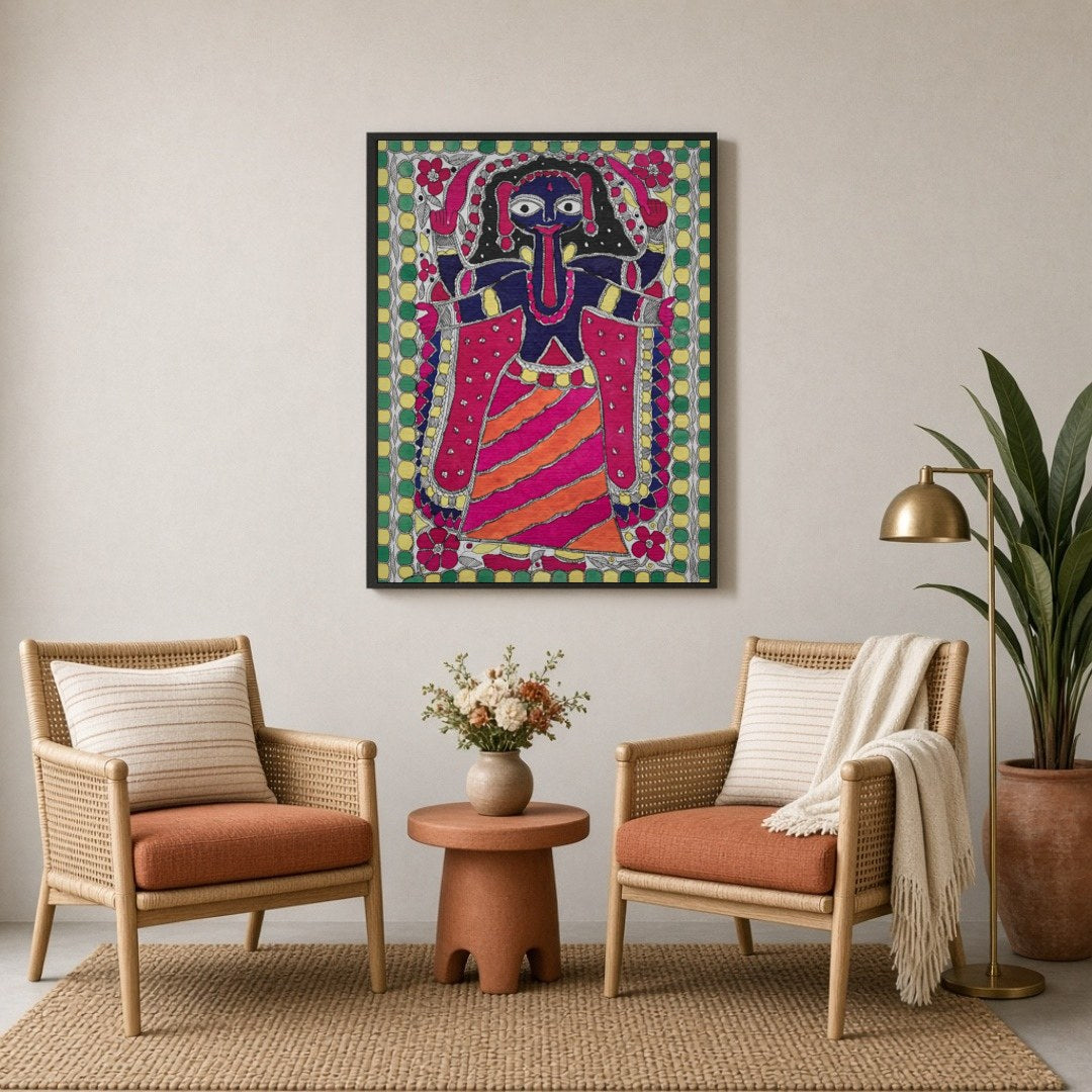 Embrace the powerful and dynamic energy of Goddess Kali in this vibrant Madhubani art piece. This for Sitting Lounge