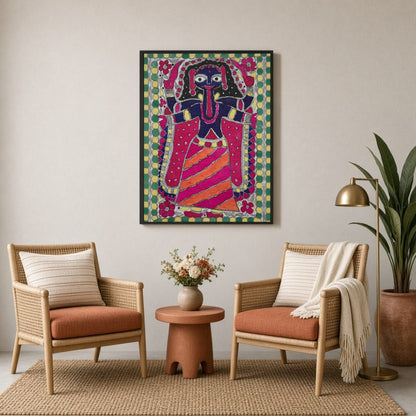 Embrace the powerful and dynamic energy of Goddess Kali in this vibrant Madhubani art piece. This for Sitting Lounge