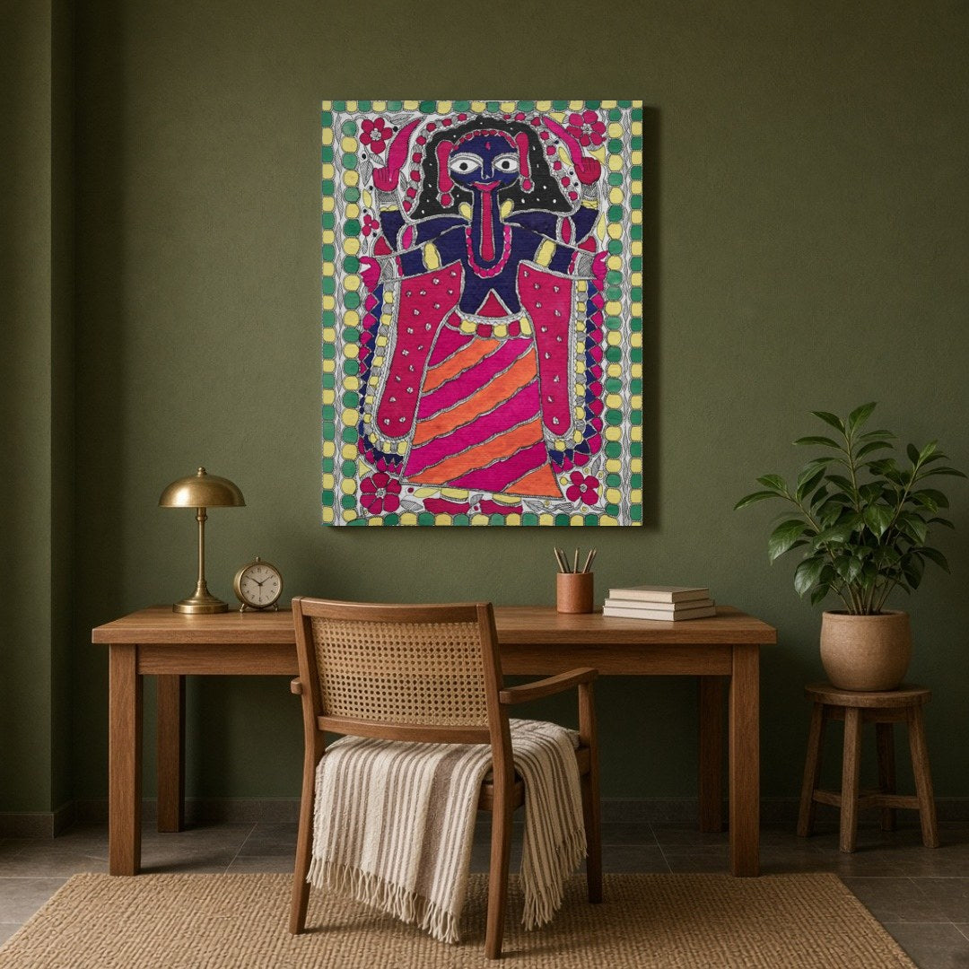 Embrace the powerful and dynamic energy of Goddess Kali in this vibrant Madhubani art piece. This for Study