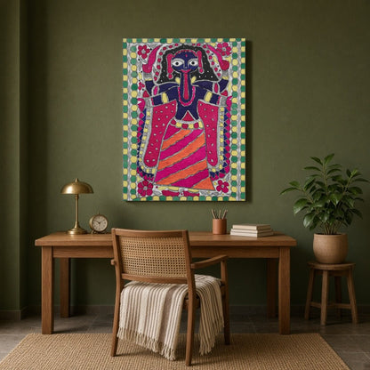 Embrace the powerful and dynamic energy of Goddess Kali in this vibrant Madhubani art piece. This for Study