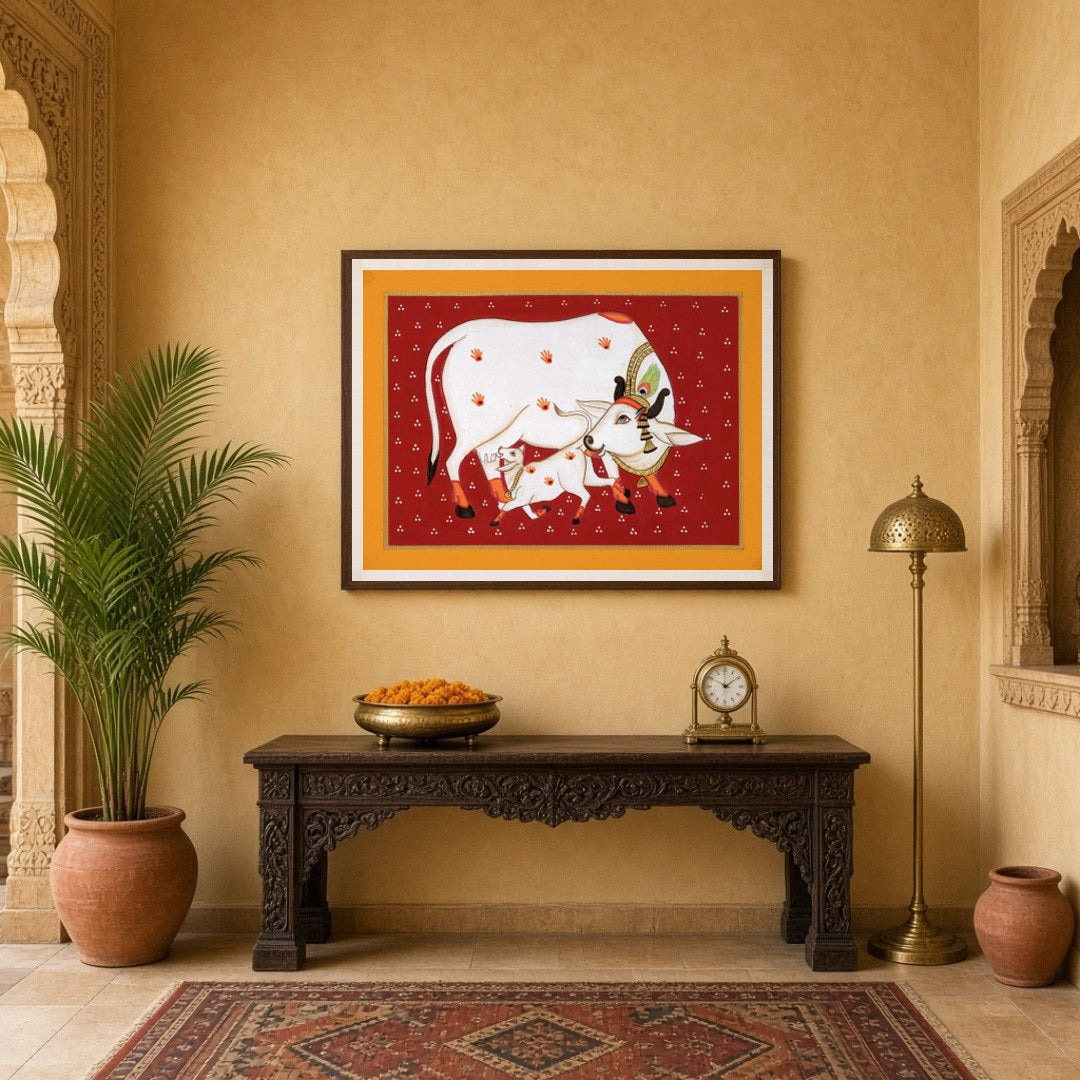 Experience the timeless beauty of Pichwai art with this vibrant depiction of Kamdhenu and her calf for Entrance