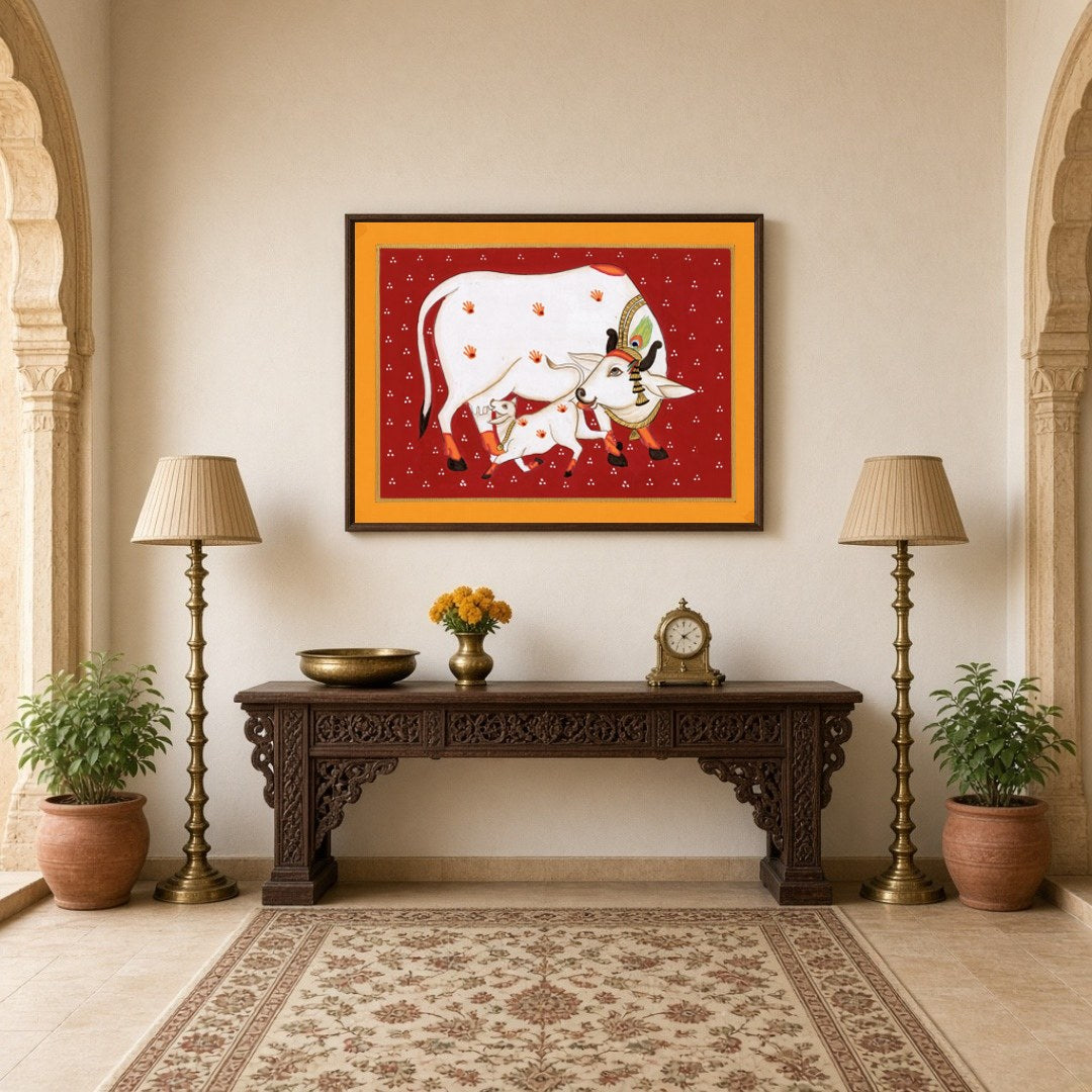 Experience the timeless beauty of Pichwai art with this vibrant depiction of Kamdhenu and her calf for Hallway