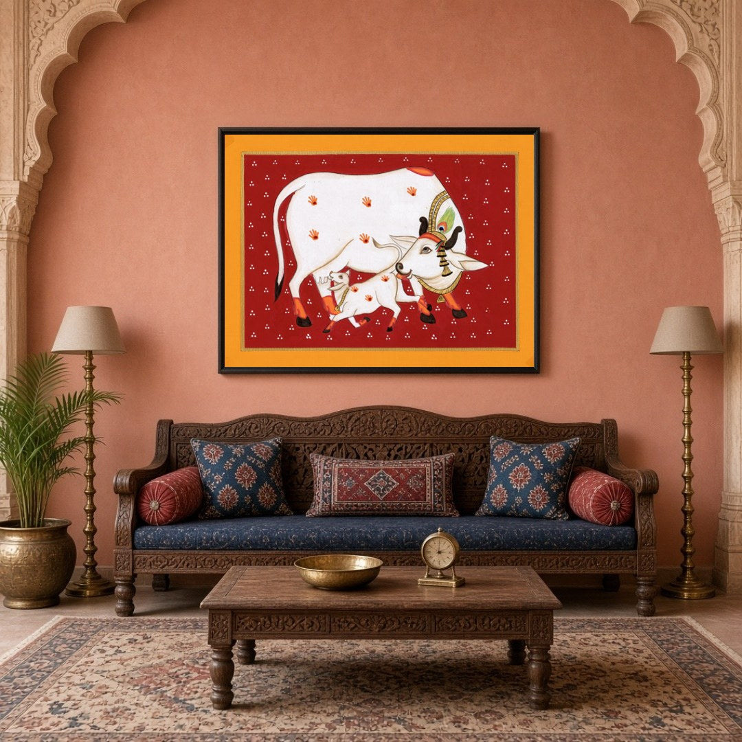 Experience the timeless beauty of Pichwai art with this vibrant depiction of Kamdhenu and her calf for Living Room