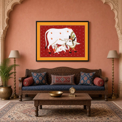 Experience the timeless beauty of Pichwai art with this vibrant depiction of Kamdhenu and her calf for Living Room
