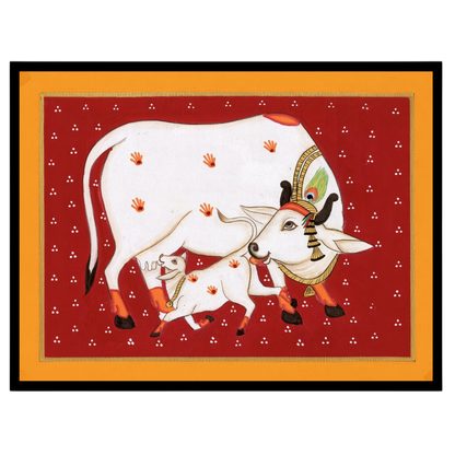 Experience the timeless beauty of Pichwai art with this vibrant depiction of Kamdhenu and her calf for nook
