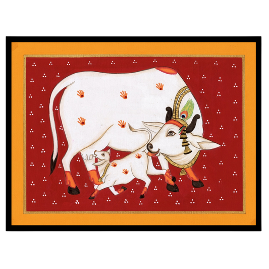 Experience the timeless beauty of Pichwai art with this vibrant depiction of Kamdhenu and her calf for nook