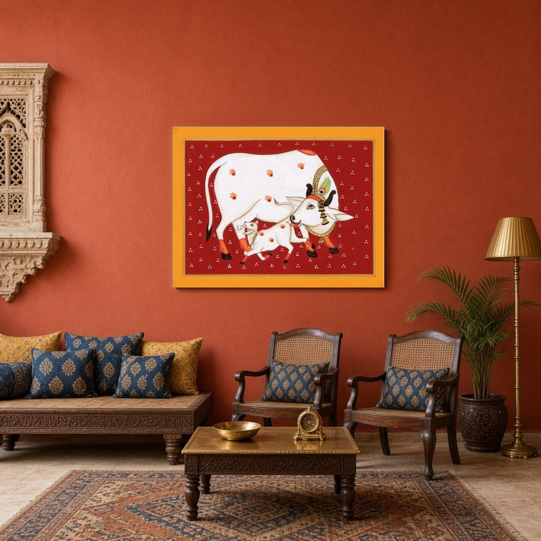 Experience the timeless beauty of Pichwai art with this vibrant depiction of Kamdhenu and her calf for Sitting Area