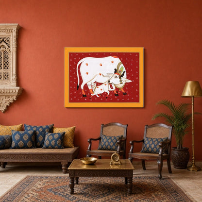 Experience the timeless beauty of Pichwai art with this vibrant depiction of Kamdhenu and her calf for Sitting Area