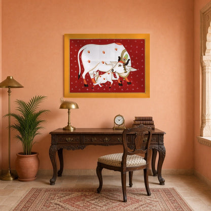 Experience the timeless beauty of Pichwai art with this vibrant depiction of Kamdhenu and her calf for Study