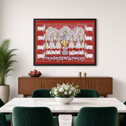 This stunning Pichwai artwork captures Lord Krishna amidst a serene gathering of devotees and a for Dining