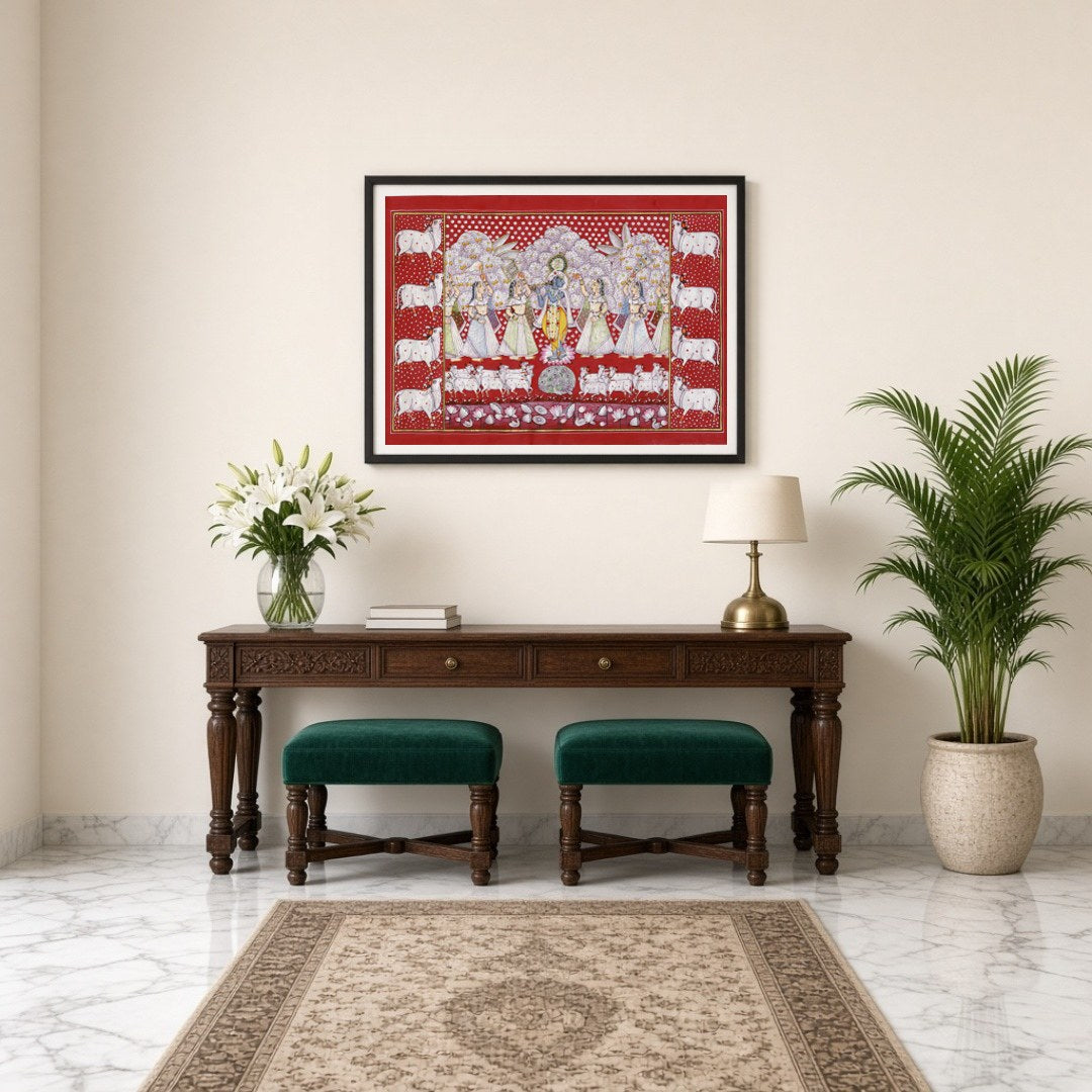 This stunning Pichwai artwork captures Lord Krishna amidst a serene gathering of devotees and a for Entrance