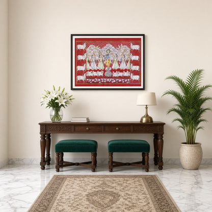 This stunning Pichwai artwork captures Lord Krishna amidst a serene gathering of devotees and a for Entrance