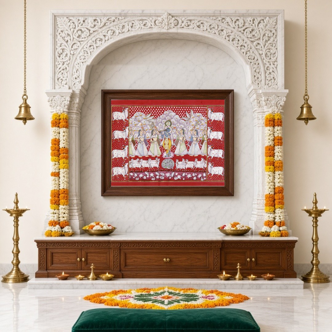 This stunning Pichwai artwork captures Lord Krishna amidst a serene gathering of devotees and a for Home Temple