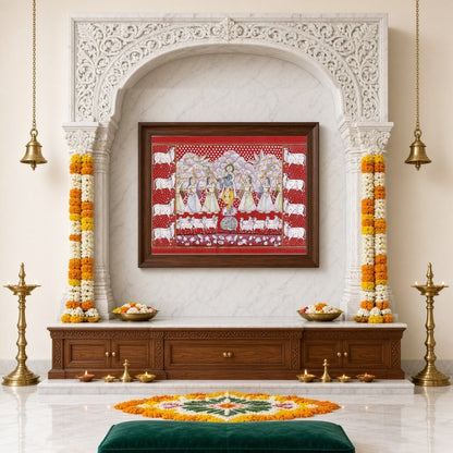 This stunning Pichwai artwork captures Lord Krishna amidst a serene gathering of devotees and a for Home Temple