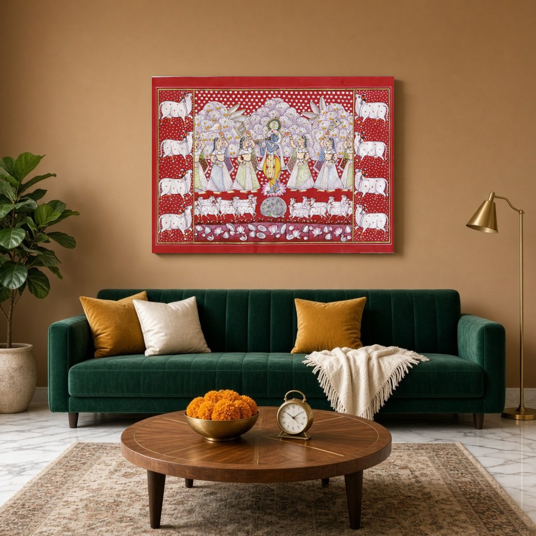 This stunning Pichwai artwork captures Lord Krishna amidst a serene gathering of devotees and a for Living Room