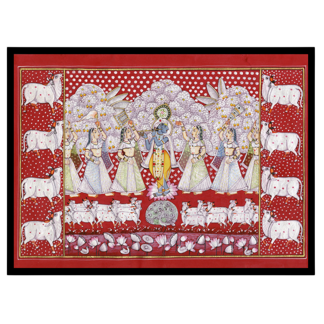 This stunning Pichwai artwork captures Lord Krishna amidst a serene gathering of devotees and a for living-space