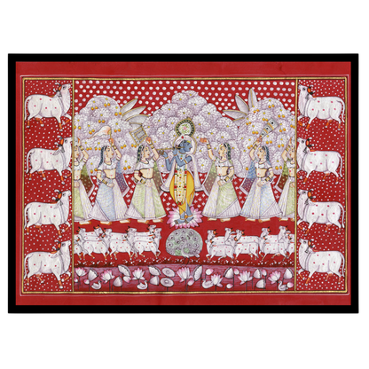 This stunning Pichwai artwork captures Lord Krishna amidst a serene gathering of devotees and a for living-space