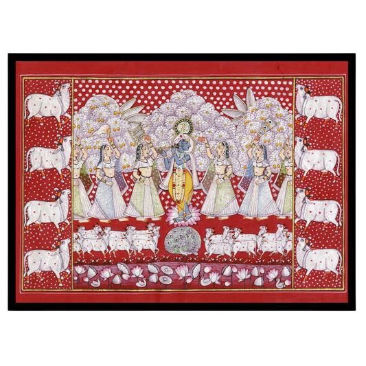 This stunning Pichwai artwork captures Lord Krishna amidst a serene gathering of devotees and a for living-space