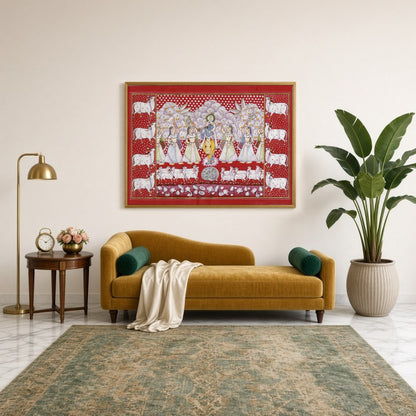 This stunning Pichwai artwork captures Lord Krishna amidst a serene gathering of devotees and a for Sitting Lounge