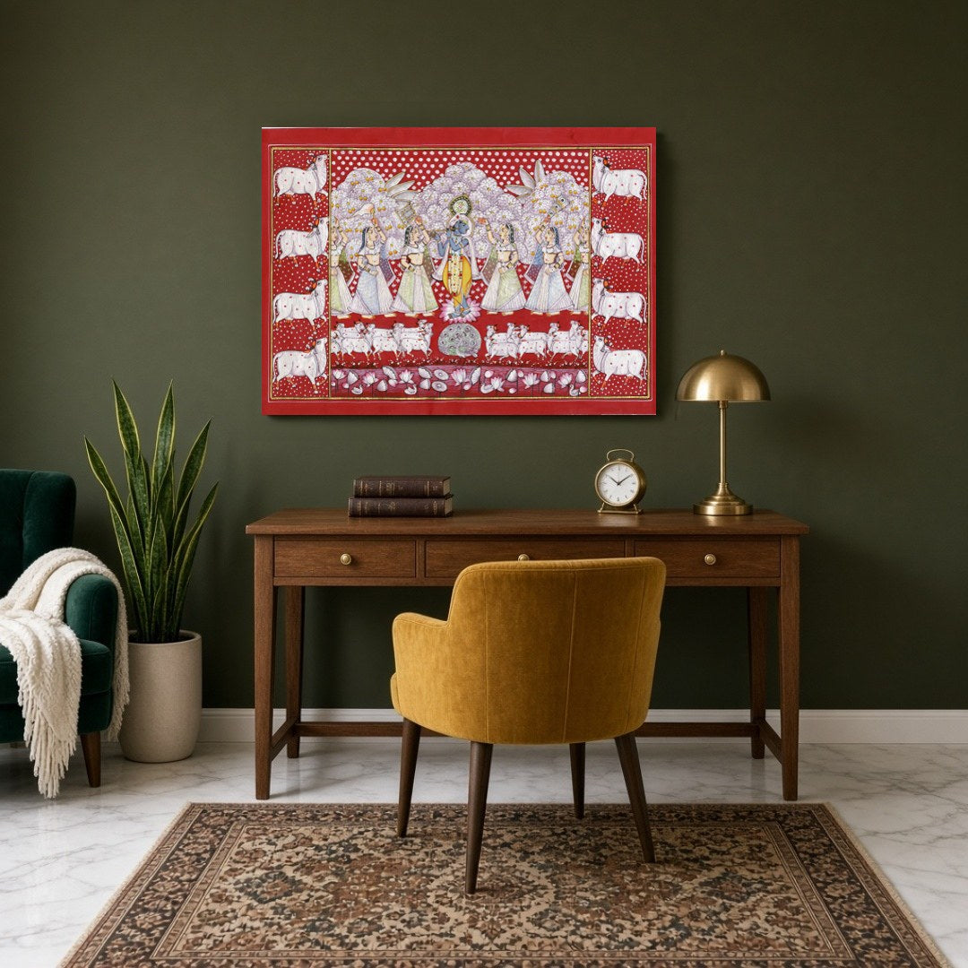 This stunning Pichwai artwork captures Lord Krishna amidst a serene gathering of devotees and a for Study