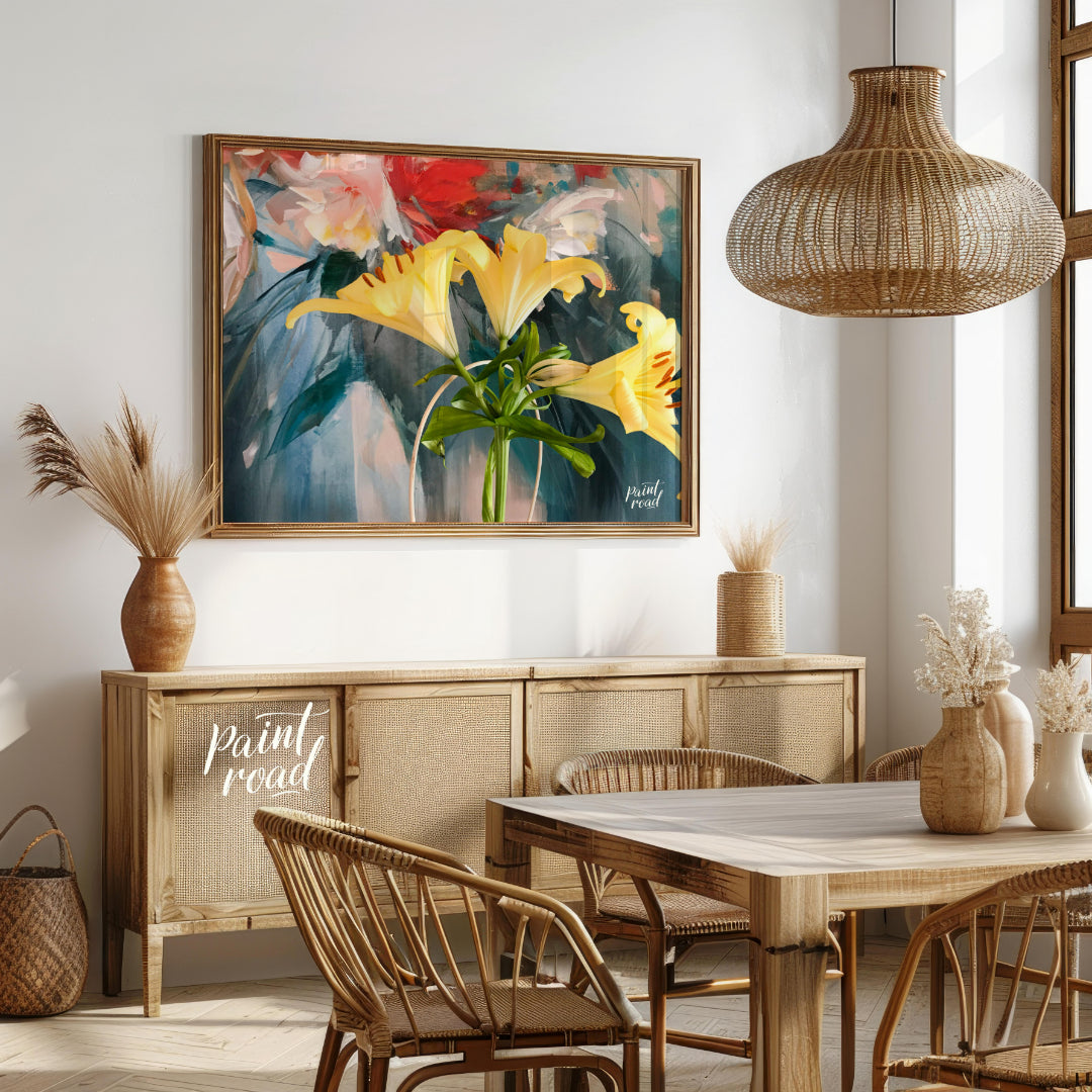 This painting captures a vibrant bouquet of yellow lilies in a simple vase, bathed in a soft, natur… for dining room