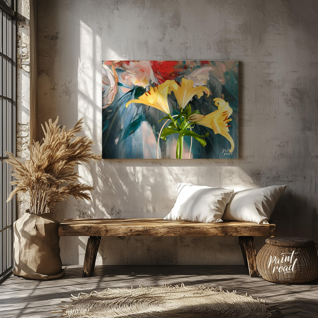 This painting captures a vibrant bouquet of yellow lilies in a simple vase, bathed in a soft, natur… for entryway