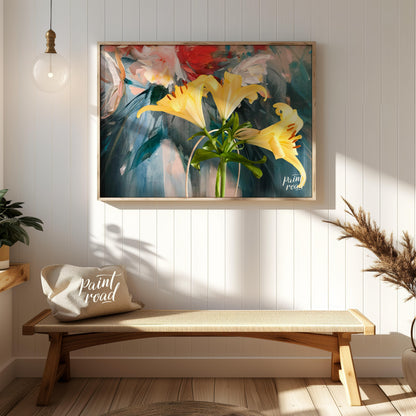 This painting captures a vibrant bouquet of yellow lilies in a simple vase, bathed in a soft, natur… for entryway