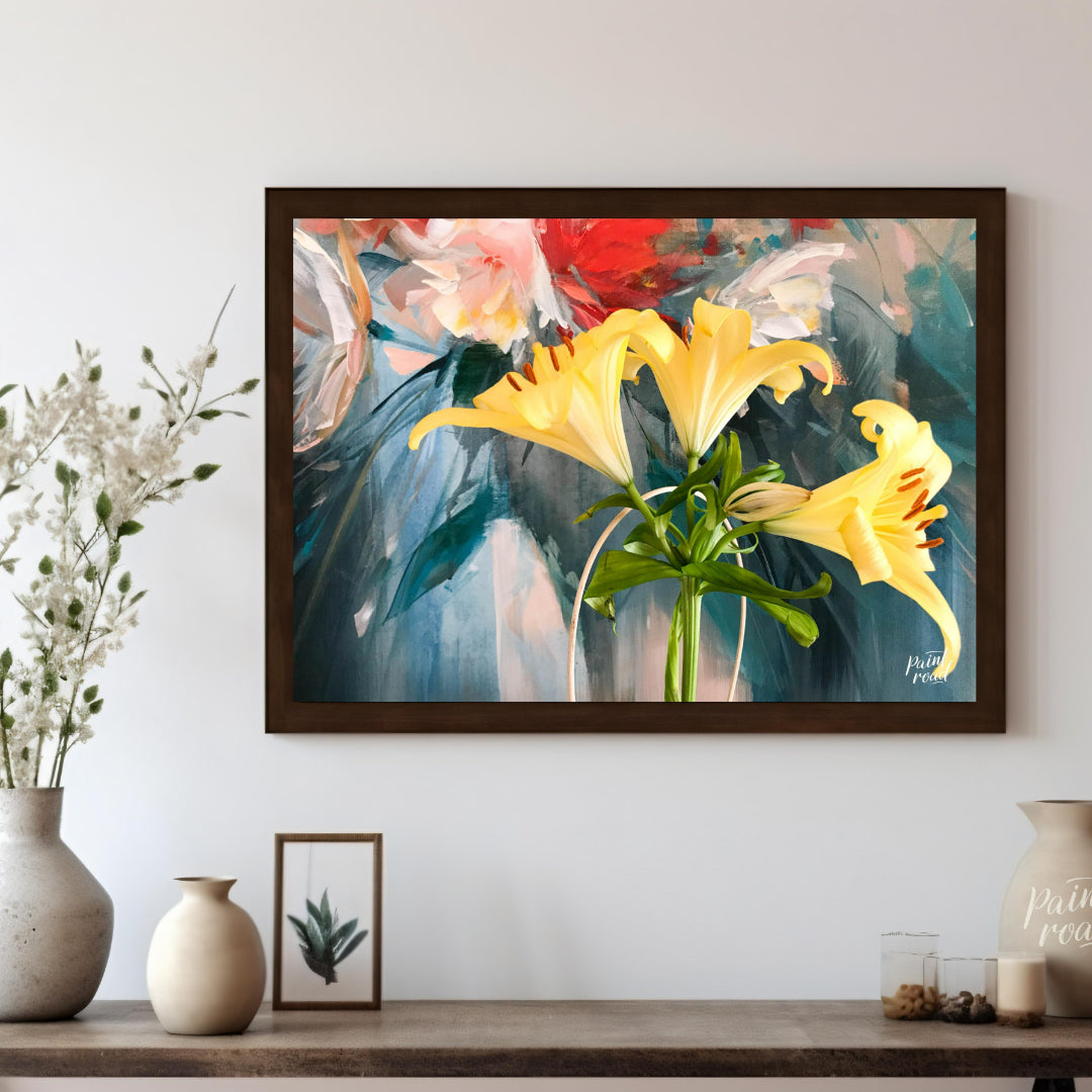 This painting captures a vibrant bouquet of yellow lilies in a simple vase, bathed in a soft, natur… for living room